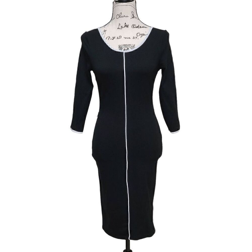VENUS Black Contrast Trim 3/4 Sleeve Round Neck Keyhole Back Shift Dress Size XS